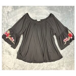 Blue Mood Black Floral Embroidered Bell Sleeve Off Shoulder Top 3X Blouse Boho